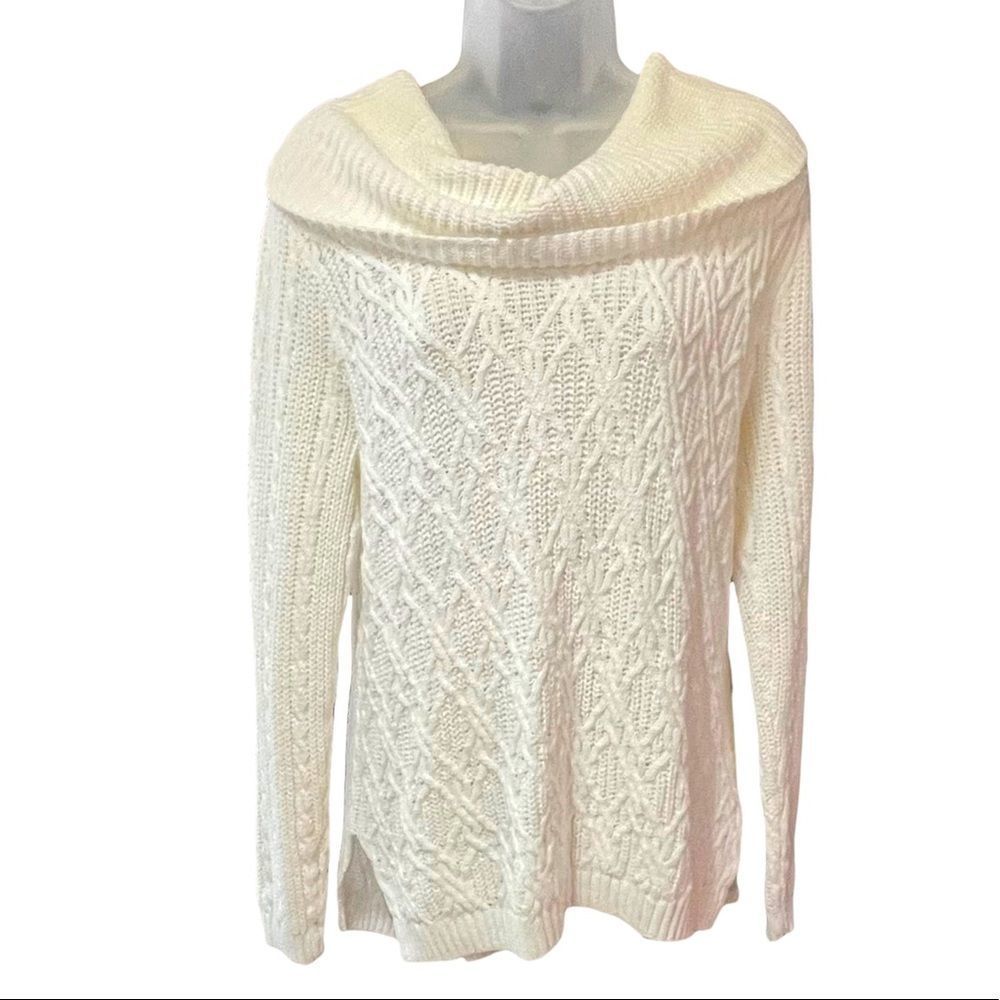 Jeanne Pierre cowl cable knit sweater woman’s sz Large bottom hem slit on sides